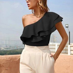 black One shoulder ruffle detailed blouse more colors